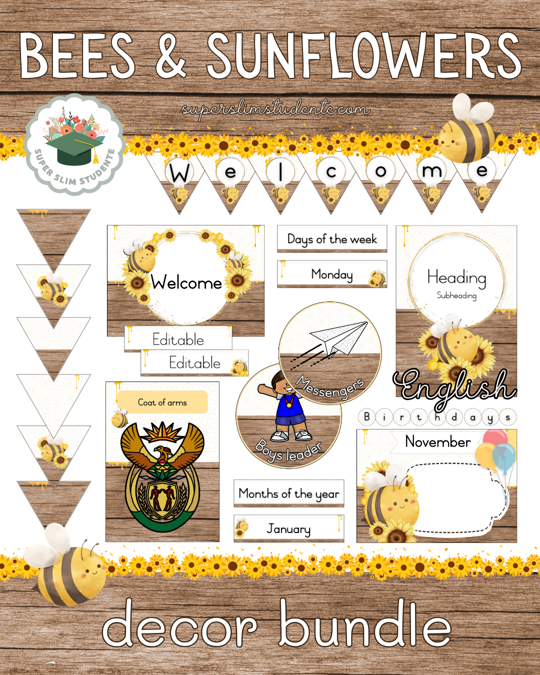 Bees and Sunflowers Theme / Decor Bundle [Choose Language]