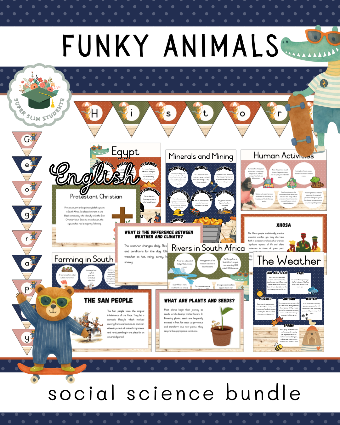 Funky Animals Theme / Social Science Bundle [Choose Language]