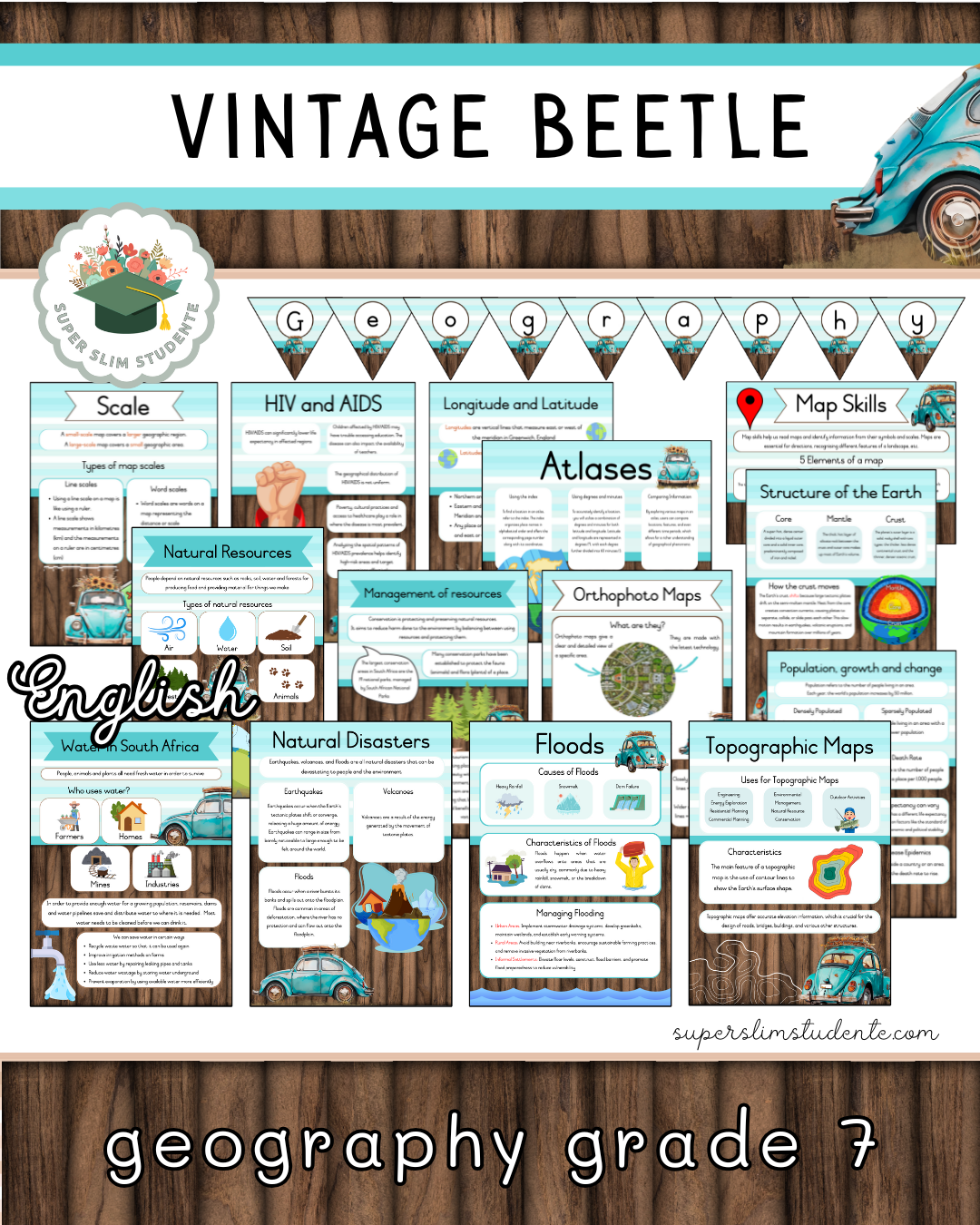 Vintage Beetle Theme / Geography Grade 7 Bundle [Choose Language]