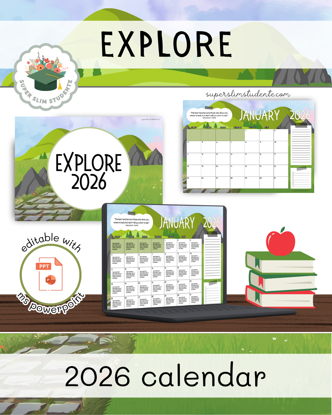 Editable Calendar 2026 / Explore Theme [Choose Language]