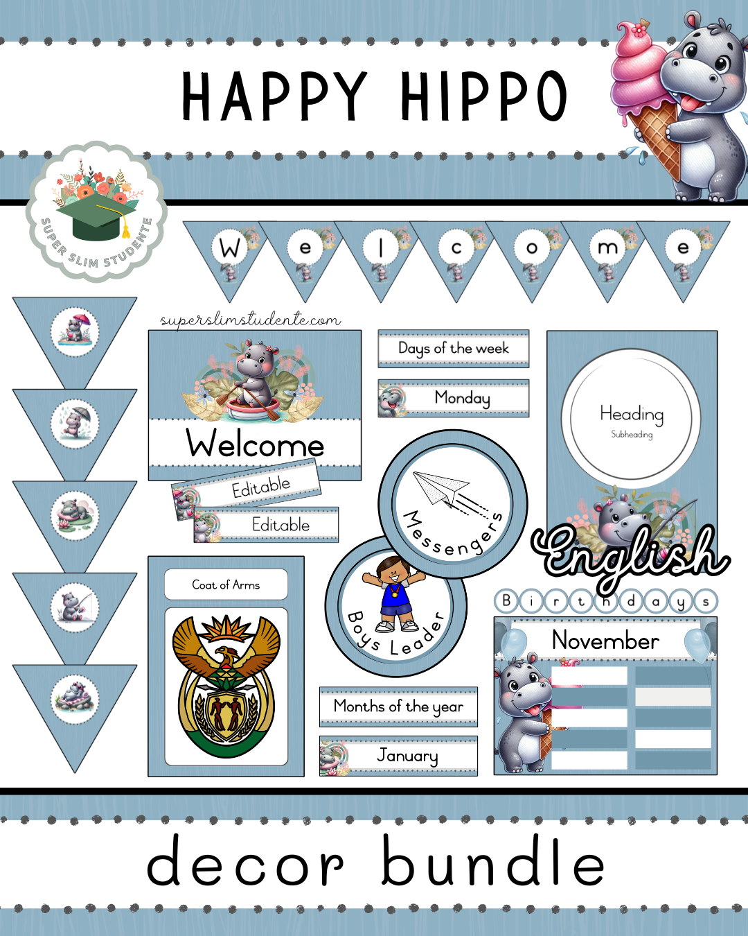 Happy Hippo Theme / Decor Bundle [Choose Language]