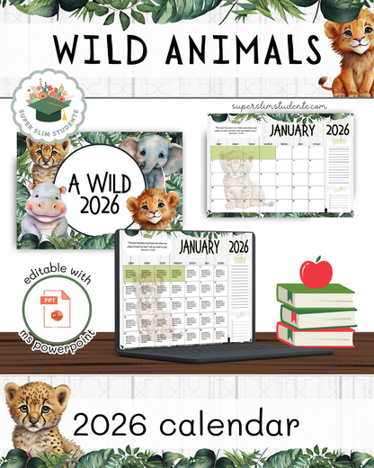 Editable Calendar 2026 / Wild Animals Theme [Choose Language]
