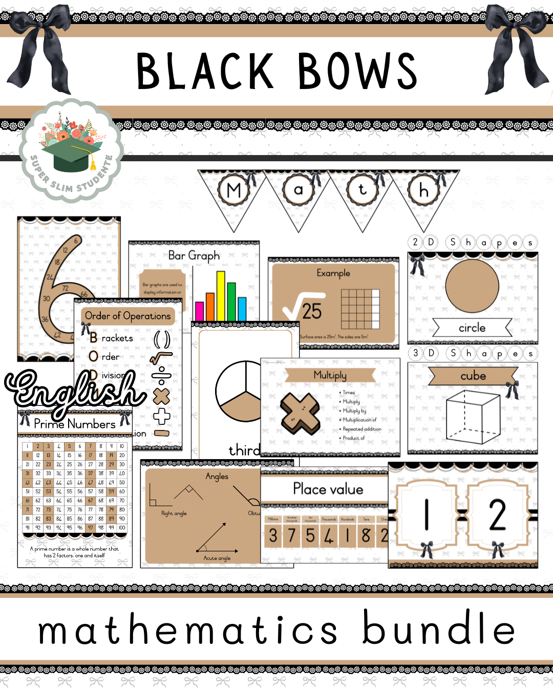 Black Bows Theme / Mathematics Bundle [Choose Language]