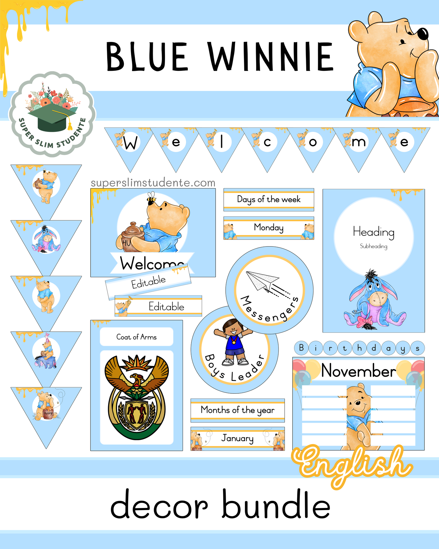 Blue Winnie Theme / Decor Bundle [Choose Language]