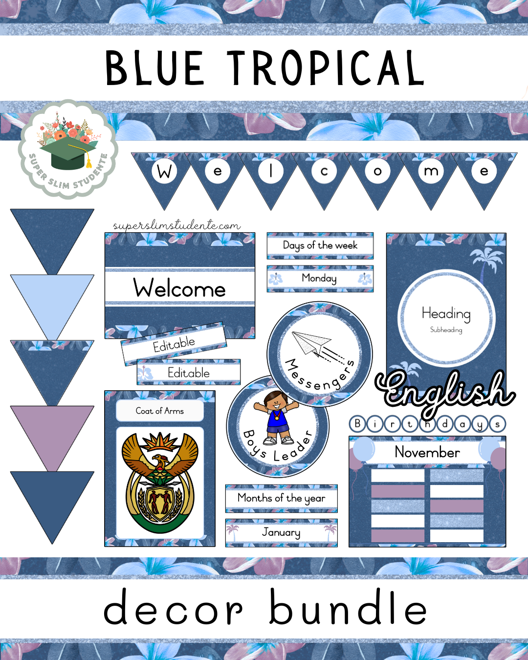 Blue Tropical Theme / Decor Bundle [Choose Language]